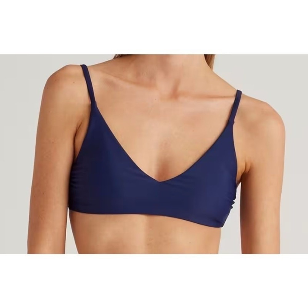 quince italian v-neck bikini top swimsuit in deep navy blue, women size small